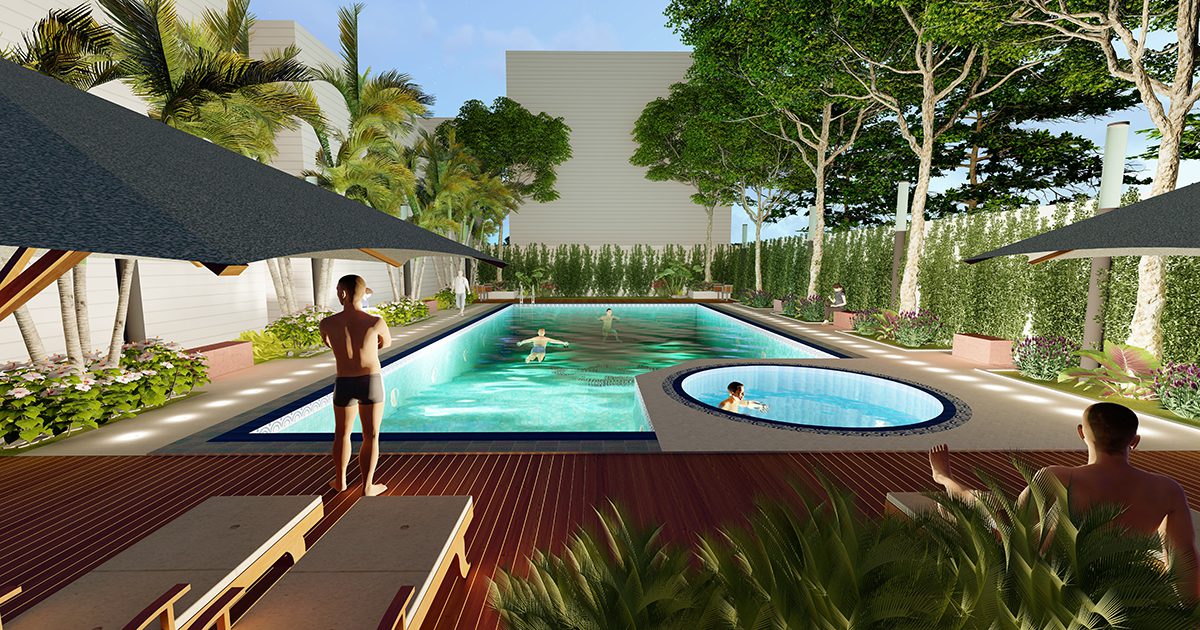 Swimming pool designs with waterfalls